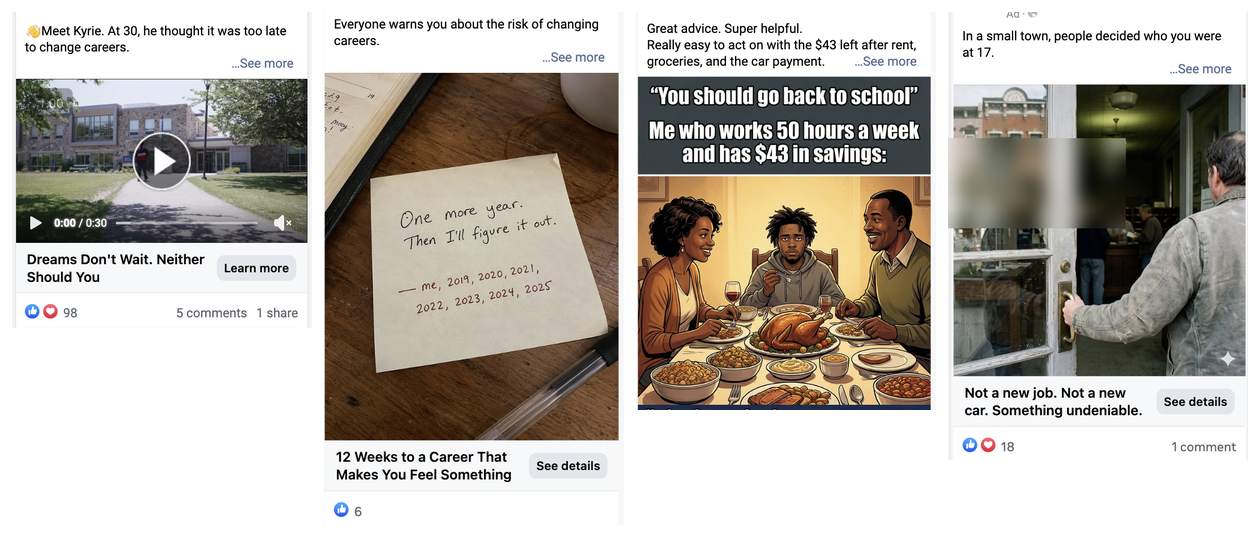 Four Meta ads: a thirty second student story, a handwritten sticky note, a meme about affording school, and a photograph of a man entering a small town post office